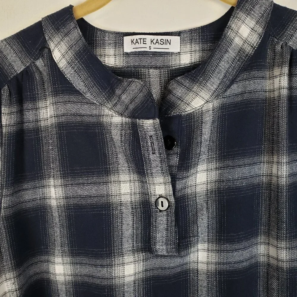 Kate Kasin Flannel Tunic Popover Shirt Dress Blue Gray Plaid Womens Size Small - Picture 3 of 6